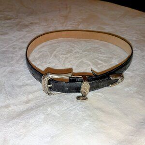 Women black leather belt with decorative buckle